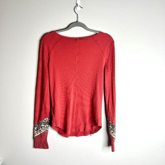 Free People We the Free Knit Henley Bandana Cuff Sleeve Top Thermal Waffle Knit - Picture 7 of 7